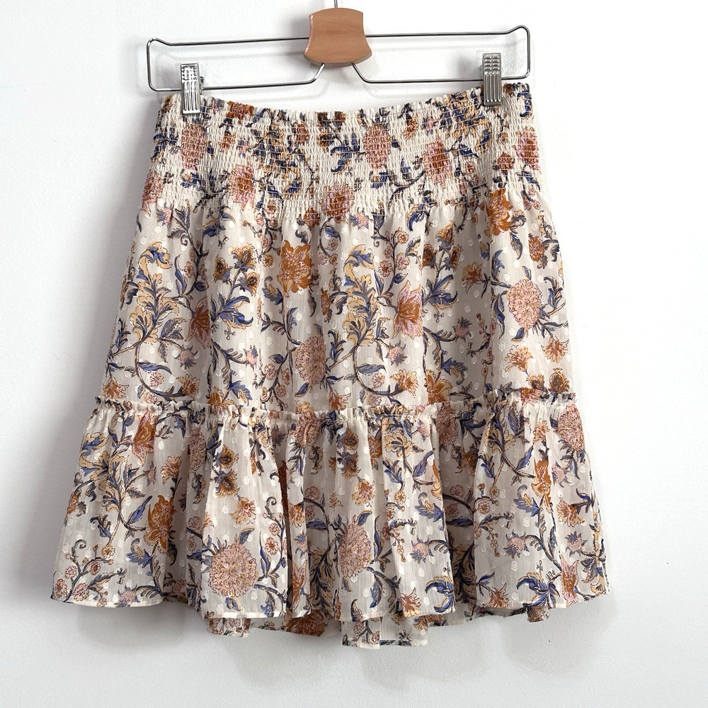 JOIE Skirt M Smocked Elastic Waist Tiered Floral Dot Lined Summer Spring Party